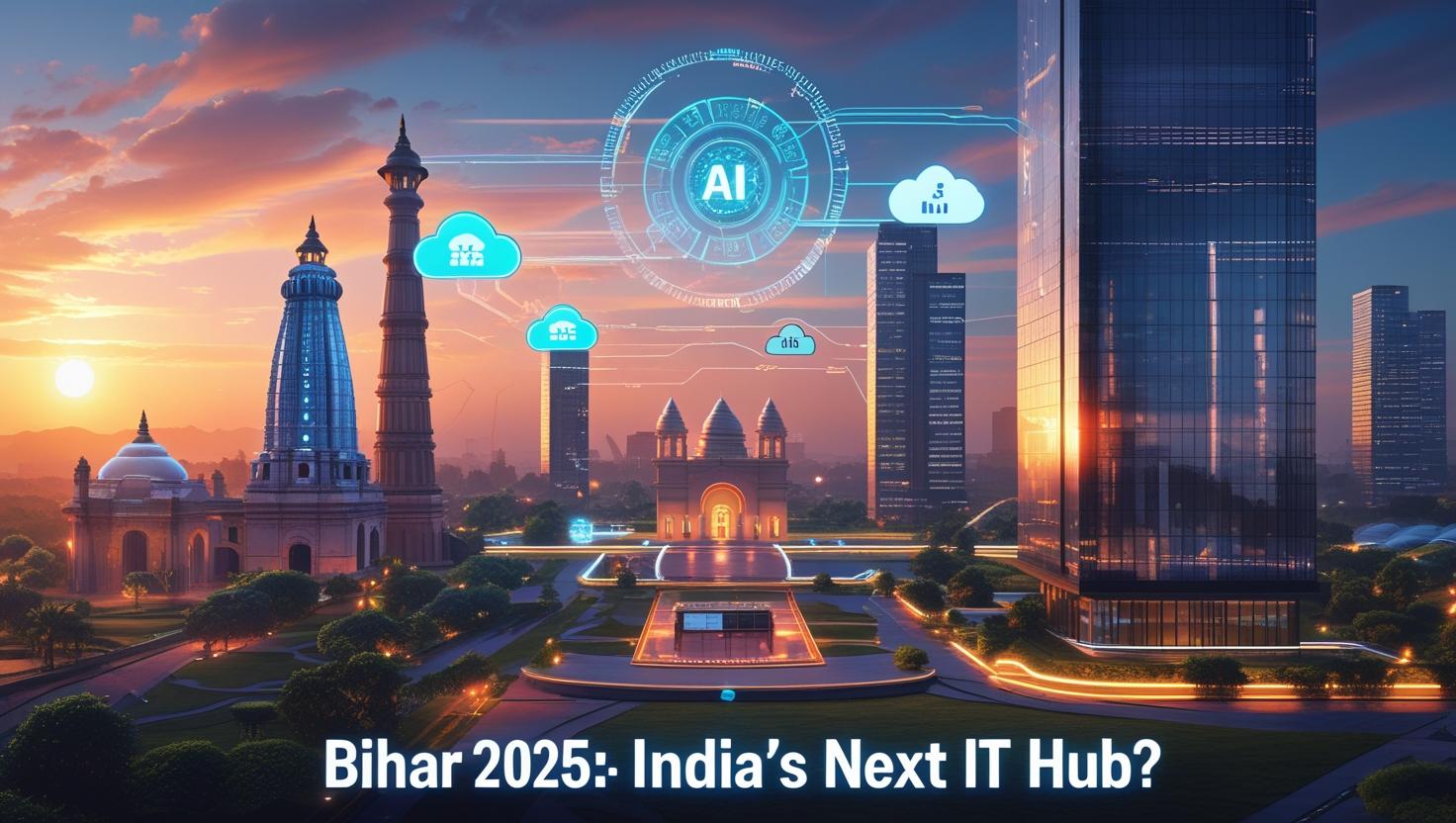 Prompt__A futuristic cityscape blending Bihar’s iconic landmarks (like Golghar, Mahabodhi Temple, Bihar Museum) with modern skyscrapers, glowing tech icons (cloud, AI chip, data streams), IT parks in the backgro_455.jpg